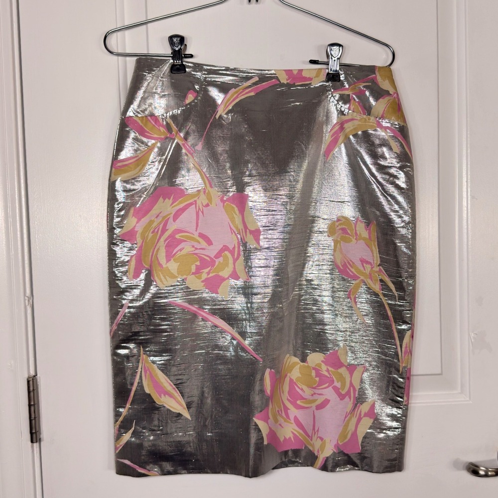 Tuleh Skirt Women 6 Silver Metallic Floral Pencil Knee Length Back Zip